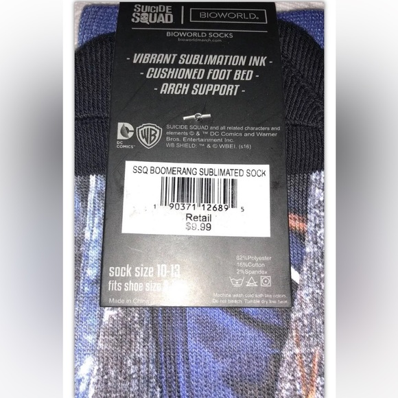 Suicide Squad Cap Boomerang Crew Socks 1 Pair Men 8-12 Blue Black Sublimated DC - Picture 5 of 7
